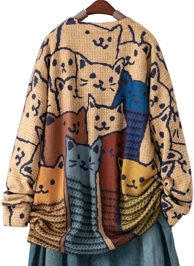 YESNO Women Christmas Sweater Graphic Printed Oversized Pullover Sweaters Casual Loose Knit Tops S01