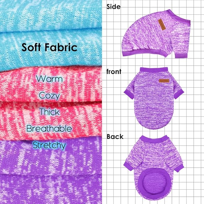 3 Pack Dog Sweaters for Small Dogs Girl Boy Winter Fleece Clothes Warm Soft Dog Sweatshirt Outfit for Dogs Cats Pet Apparel (Rose+Light Blue+Purple, Large)