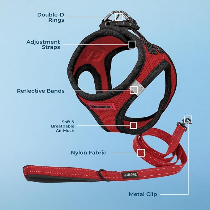Best Pet Supplies Voyager Step-in Air All Weather Mesh Harness and Reflective Dog 5 ft Leash Combo with Neoprene Handle, for Small, Medium and Large Breed Puppies - Red/Black Trim, Small