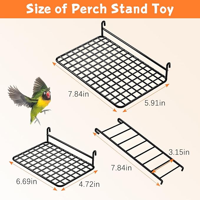 BNOSDM 4 PCS Bird Perches Platform, Stainless Steel Grid Platform for Parakeet Parrot Stand with Climbing Ladder Bird Cage Accessories for Small to Large Birds (White)