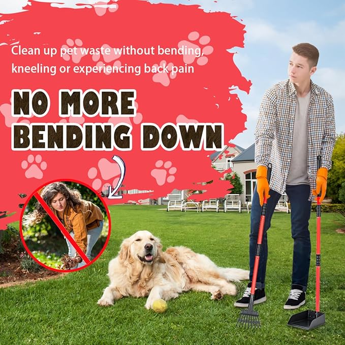 MXF Pooper Scooper, Dog Pooper Scooper Long Handle Stainless Metal Tray and Rake Set for Medium Small Dogs Heavy Duty - Use on Grass, Dirt or Gravel - Red