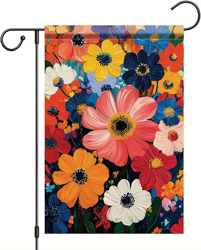 Garden Flag Colorful Flower Field Oil Painting Style Yard Welcome Banner Double Sided Spring Summer Outdoor Decoration for Lawn Patio Artistic Floral Seasonal Garden Decor 12 x 18 Inch