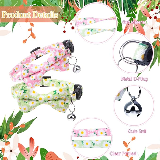 4 Pcs Breakaway Cat Collar with Bow Tie and Bell Floral Cat Kitten Collar with Removable Bowtie Adjustable Safety Collars for Girl Cats