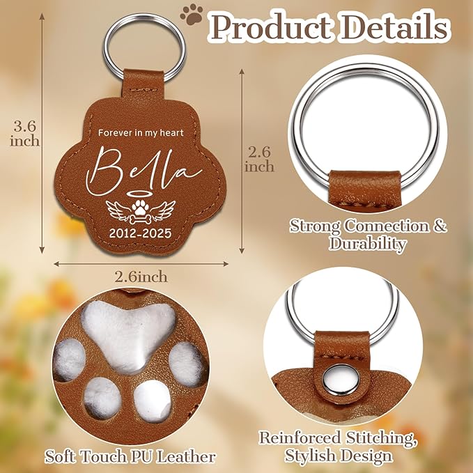 Eunigem Personalized Pet Hair Keychain for Dogs Cats-Custom Paw Keychains for Dog Hair-Shaped Leather Keychain,Pet Memorial Gifts Remembrance Accessory Refillable Keepsake for Bag or Key (Color-4)
