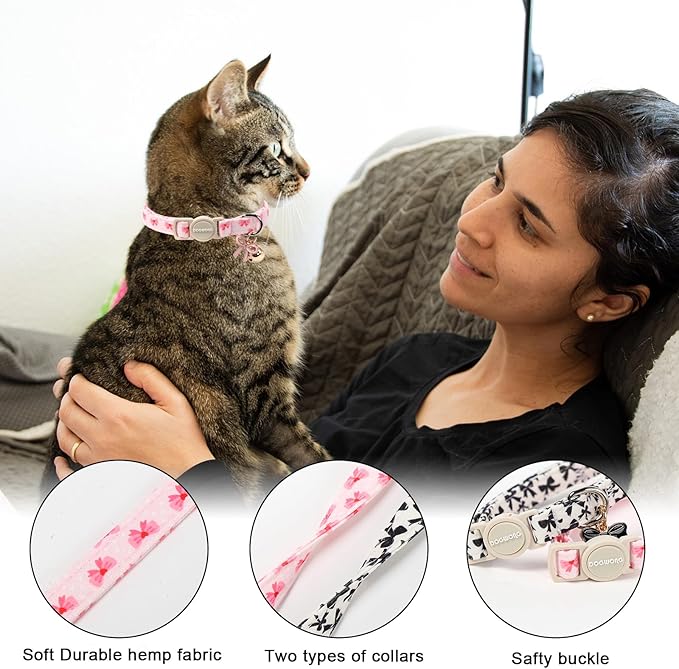 2 Pack Cotton Breakaway Cat Collar Pink and Black Heart Shaped Pendant Cute Kitten Cat Collar with Bell,Adjustable 7-12 Inch,Pet Supplies Accessories