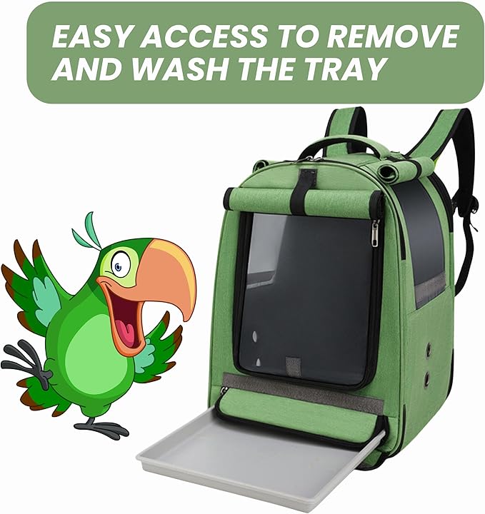 Bird Backpack Travel Cage for Cockatiel, Parrot, Parakeet With 2 Bowls Tray and Standing Perch - African Grey Carrier for Large and Small Birds (Green)