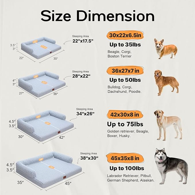 Large Dog Bed Orthopedic Washable Dog Beds Bolster - Medium Large Big Dogs - Memory Foam Dogs Couch Sofa - Waterproof with Removable Cover