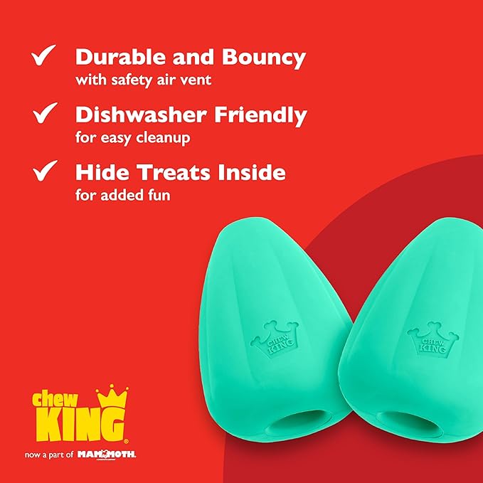 Chew King by Mammoth Premium Treat Dispensing Dog Toy, Durable Natural Rubber Chew Toy, Safety Air Vent, Interactive Enrichment Toy for Aggressive Chewers, Large Pack of 2- Teal