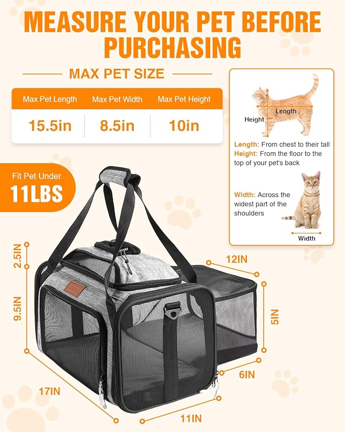 PETUX Top and Side Expandable Pet Carrier for Small Pets Up to 11 lb - 17 x 11 x 9.5 in, Underseat, Soft-Sided Airline Approved Cat Dog Carrier with Safety Buckle and Anti-Scratch Mesh - Grey