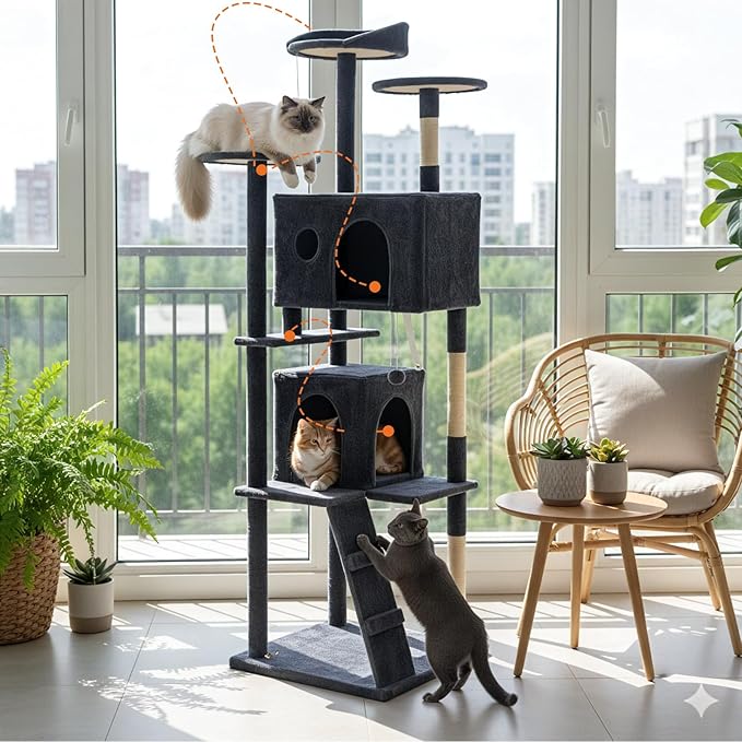 Sweetcrispy 70 Inch Cat Tree Tower, Multi-Level with Cat Scratching Post, Indoor Cat Condo with Climbing Ladder, Plush Toy, Play House for Cat, Dark Grey