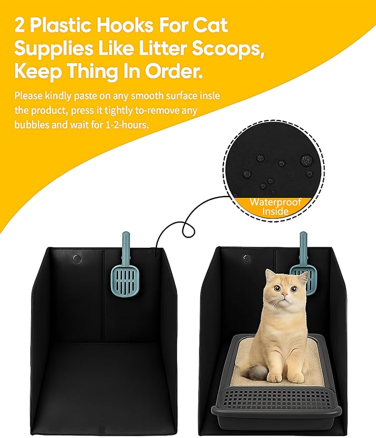 Waterproof Cat Litter Box Enclosure Splash Guard with Removable Mat, Cat Box Enclosure with 2 Hooks for Scoop, Anti-Leakage, Dust Control, Easy to Clean-24.02 x 16.14 x 16.14 inches-Black