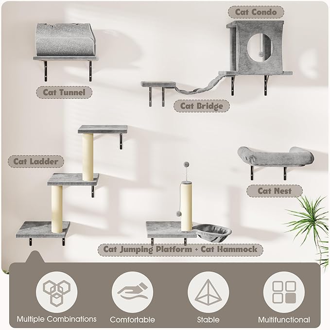 NUNU LAB 7-in-1 Wall Mounted Cat Climber Set, Cat Wall Furniture Set with House, Bridge, Steps, Scratcher Post, DIY Playground, Cat Wall Shelves - Gray