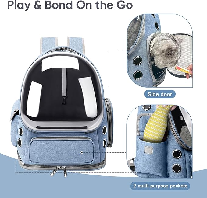 Cat Backpack Carrier, Breathable Cat Bubble Backpack for Kitty & Small Dog, Large Space Cat Carrier Backpack, Foldable Airline Approved Carrier for Trip Vet Travel up to 18lbs（Blue）