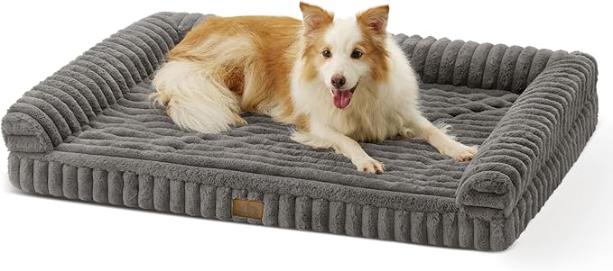 Cute Dog Bed for Large Dogs, Faux Rabbit Fur Orthopedic Foam Dog Bed with Sides, Removable Washable Cover & Waterproof Lining, Comfortable Pet Couch, Grey (44" L x 32" W x 7" Th)