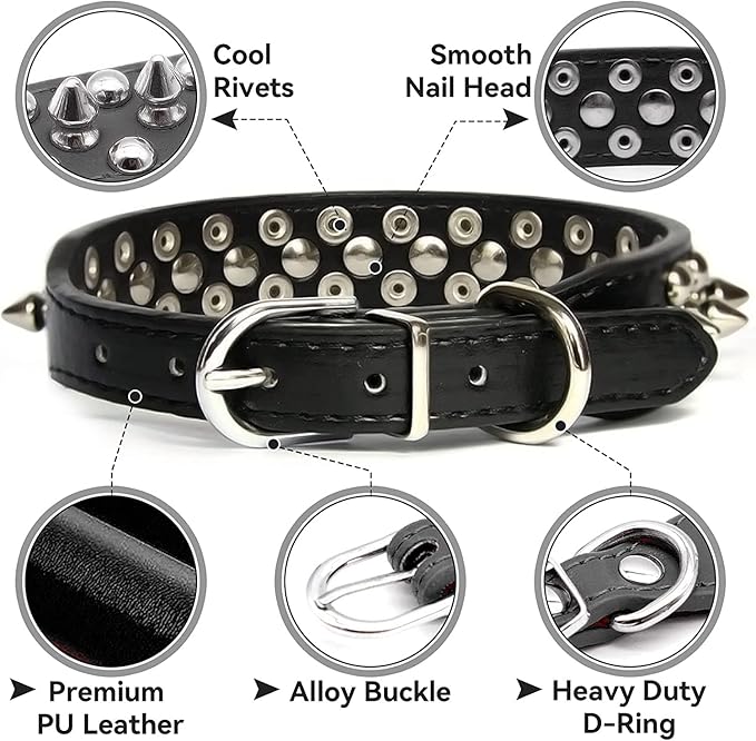 Spiked Dog Collar Soft Pu Leather Mushrooms Rivet Spike Studded Puppy Adjustable Pet Collars for Small Breeds (M, Black)