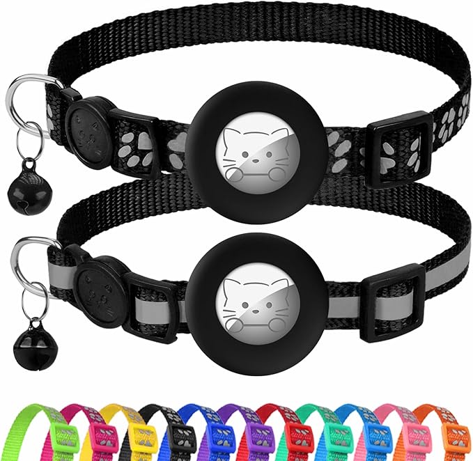 Joytale AirTag Cat Collar 2 Pack with Breakaway Safety Buckle, Reflective Cats Collar with AirTag Holder, Adjustable 7.5-12.5 Inch, Anti-Fraying Lightweight for Girl Boy Kitten, Black