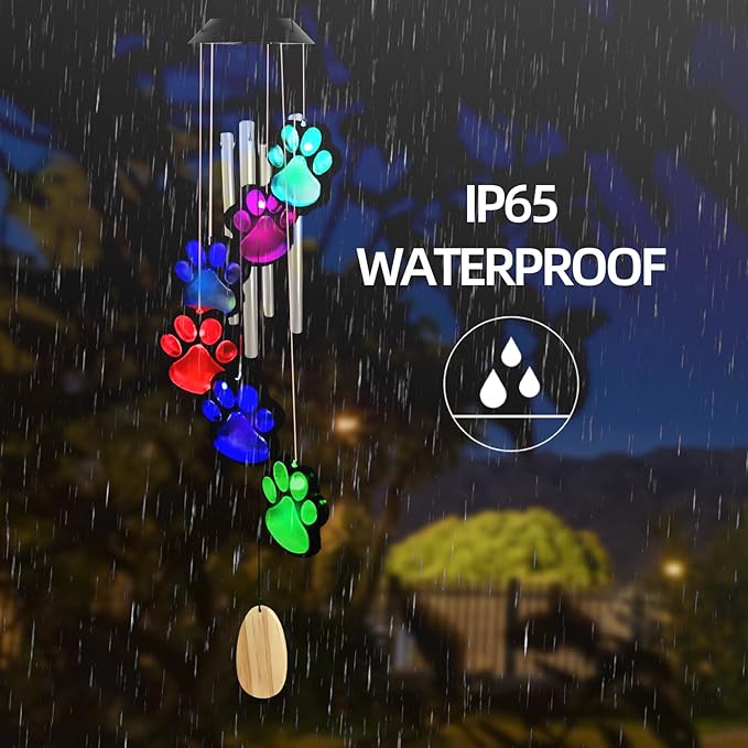 Paw Print Solar Wind Chimes for Outside,Color Changing Paw Prints Wind Chimes Solar Lights Outdoor Yard Decor,Dogs Cat Pet Pawprint Wind Chime,Sympathy Gift for Pet Lover,Garden Gift for Mom Grandma