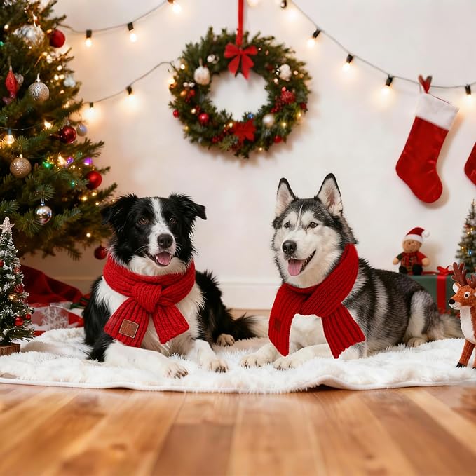 BWOGUE 2-Piece Knitted Dog Christmas Scarf & Bandana with Red Design for Medium/Large Dogs - Winter Warm Holiday Pet Costume Accessory (Red)
