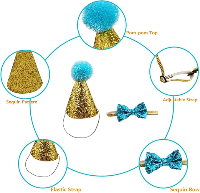 Christmas Pet Party Jazz Hat and Blingbling Bow Tie Breakaway Collar Set, Adjustable Headband for Kitten Puppy Small Dogs Cats (01 Light Blue)