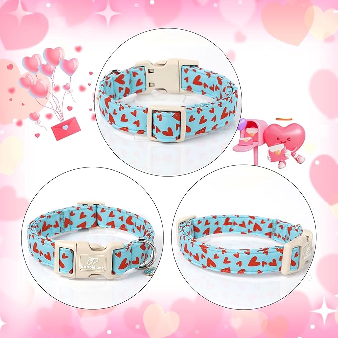 Valentines Dog Collar for Medium Dogs - Cute Valentine Blue Dog Collars, Adjustable Puppy Red Hearts Collar with Quick Release Buckle for Boys&Girls Dogs M