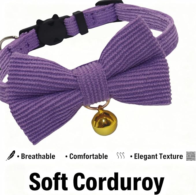 THAIN Cat Collar with Bow Tie and Bell, Breakaway Adjustable Cute Soft Corduroy Kitten Collars Safety Buckle for Girl Cats (Solid Purple)