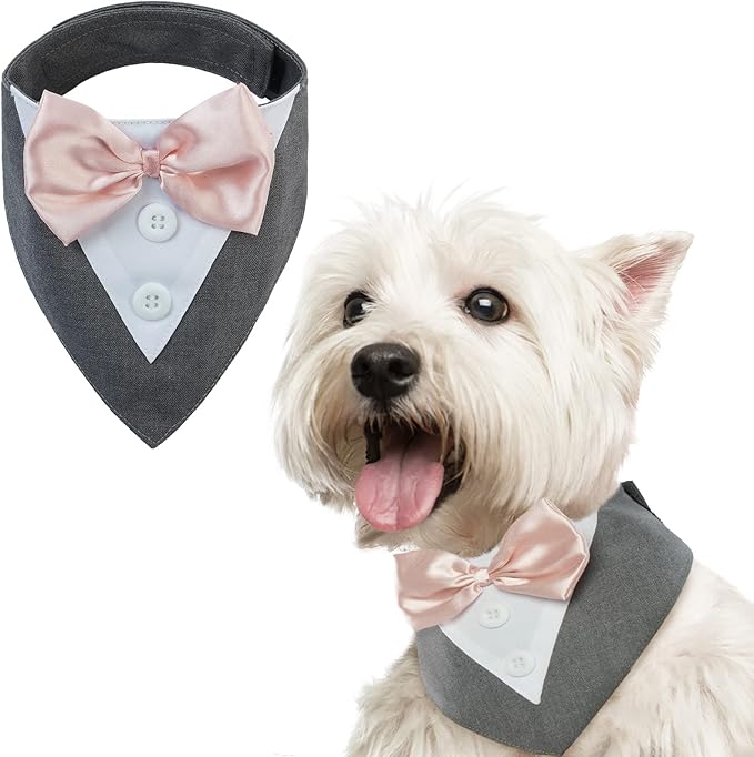 FUAMEY Dog Tuxedo for Small Dogs,Dog Formal Suit Dogs Attire Pet Bow Tie Puppy Party Costumes Cat Tux Outfits Pets Bandana Cosplay Adjustable Bowties Wedding Birthday Valentines Grey XS