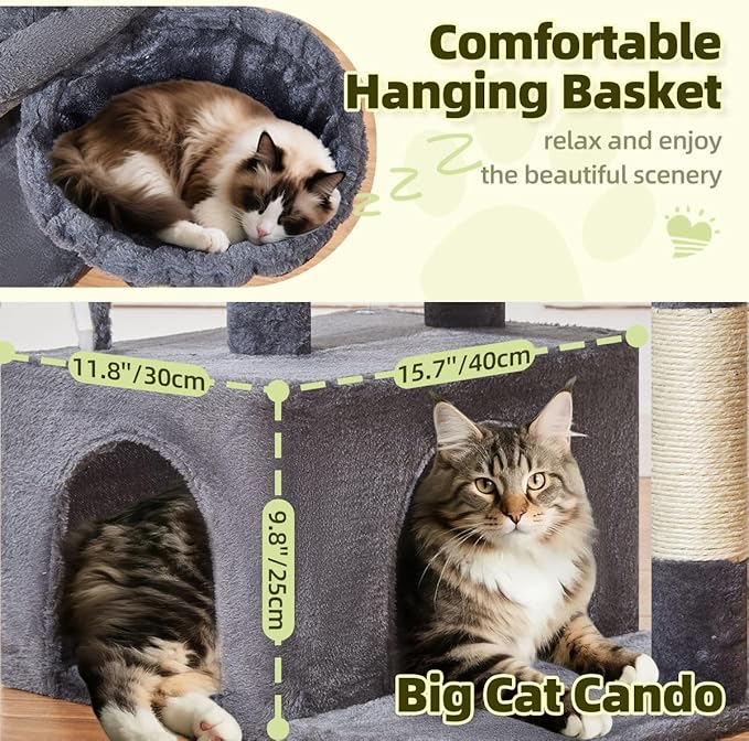 Taoqimiao MS043G Cat Tree, 32.2-Inch Cat Tower for Indoors Cats, Cat Condo with Large Cat Perch, Spacious Cat Cave, Scratching Posts for Small and Medium Cats, Smoky Gray