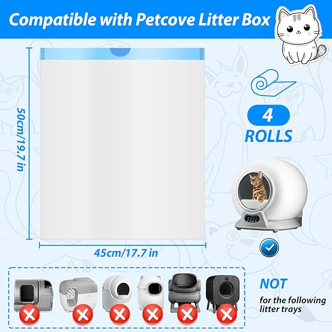 Litter Bags Compatible with Petcove,Durable Replacement Bags Compatible with Petcove Self Cleaning Box,18 x 16 Litter Bag Compatible with Petcove,4 Rolls