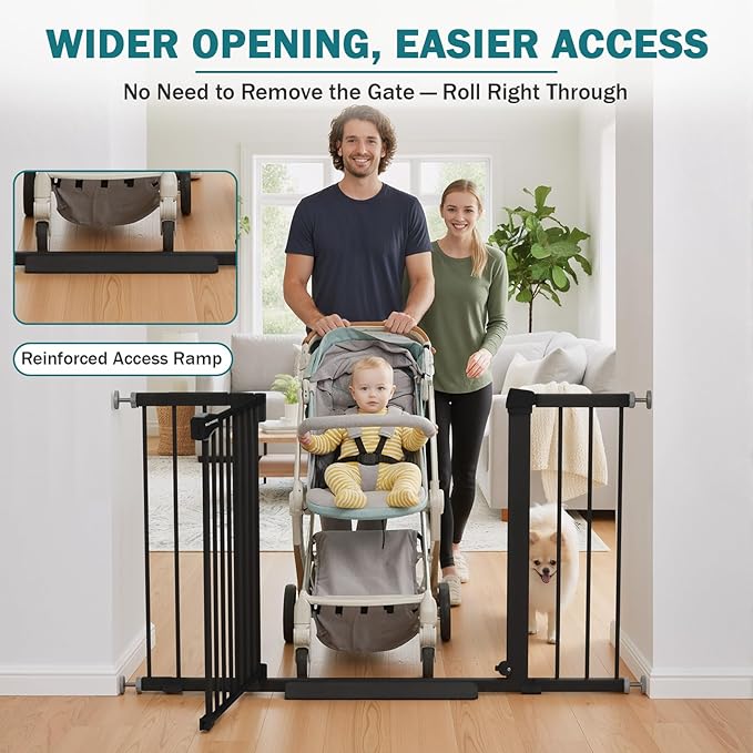 Mumeasy 29.7–48" Baby Gate for Stairs, Dog Gate for Doorways, Auto Close Child Gate, Indoor Safety Pet Gate with Walk Thru Door, Easy Install Pressure Mounted Extra Wide Gate for Kitchen, House, Black