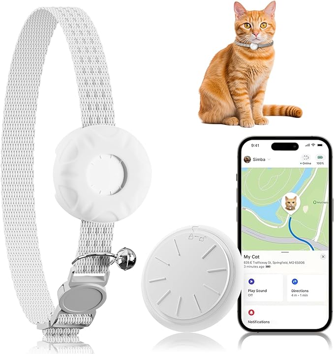 Cat Tracker, GPS Tracker Compatible with Apple Find My App(Only iOS), Waterproof Cat Tracker Collar with Bell and Safety Elastic Buckle, No Subscription, Territory & Location History (White)