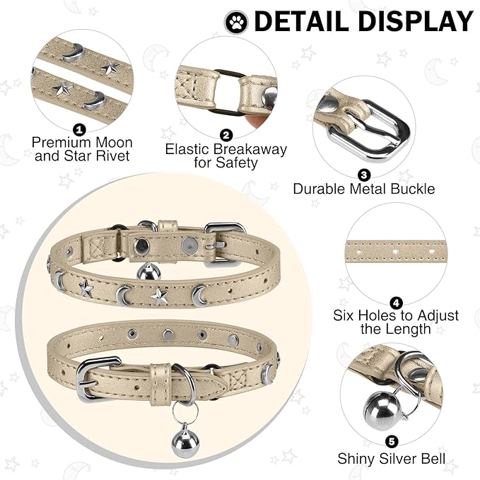 Leather Cat Collars for Boy Girl Cats with Bell and Safety Elastic Belt, Personalized Star and Moon Stud Adjustable Safe Buckle Collar for Kitty Small Big Cats Size 8-12 Inch, Gold