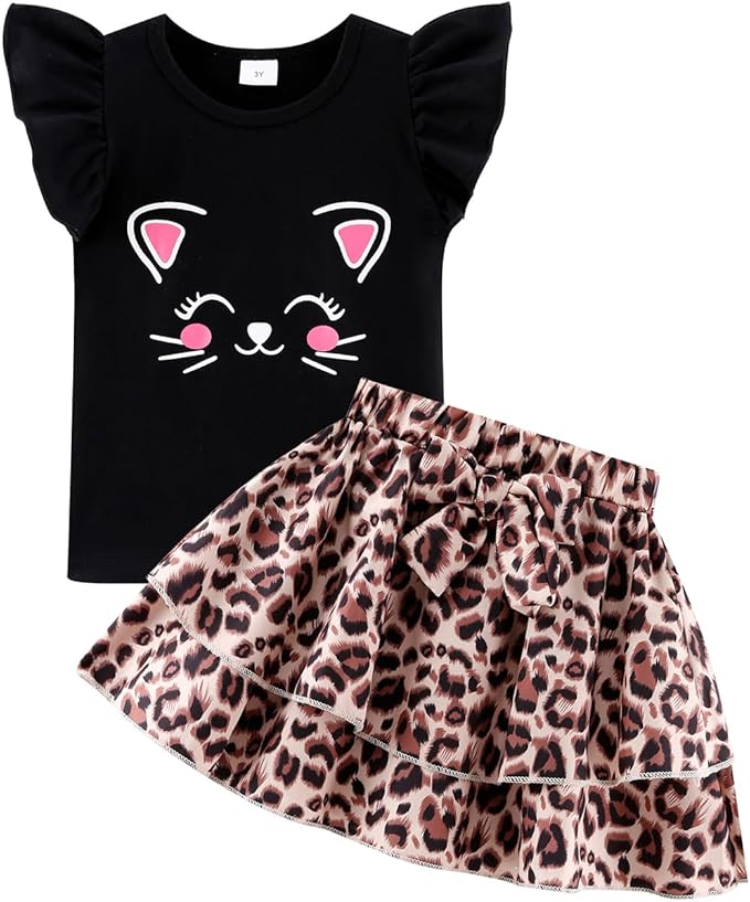 Girls Skirt Set 2 Piece Outfit Toddler Summer Clothes Ruffle Sleeve T-Shirt Bow Knot Tutu Skirt Outfit Set
