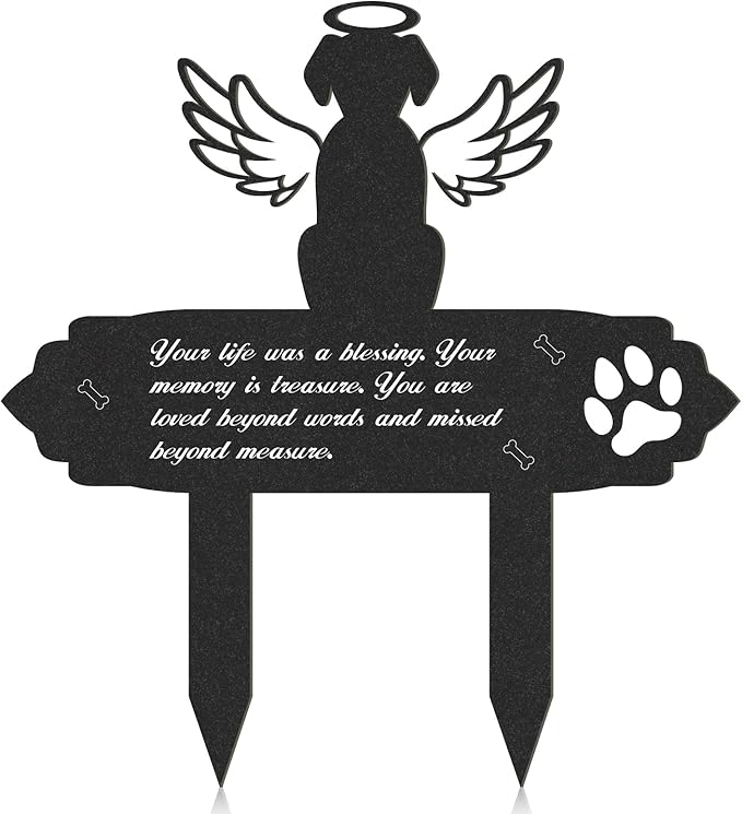 Dog Cemetery Decorations for Grave - Grave Garden Metal Decorations Memorial Dog Angel Wings Stakes Plaque Waterproof Black Grave Decoration Sympathy Garden Stake Markers Dog Grave Decor