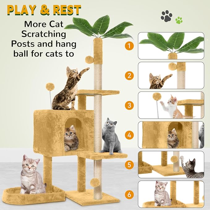 52in Multi-Level Cat Tower with Sisal Scratching Posts, Hidden Cave & Perch Platform, Large Cat Condo for 1-3 Cats, Eco-Friendly Pet Furniture with Realistic Leaves, Beige
