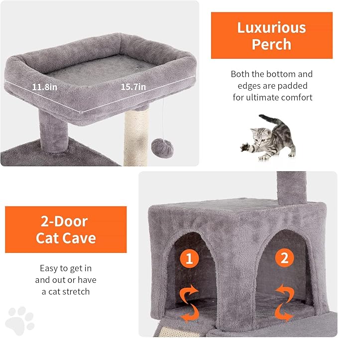 Cat Tree Tower, 36.4" Small Cat Tower for Indoor Cats with Cat Scratching Post with Bed, Cat Condo, Hang Ball, Multi-Level Cat Climbing Tower Cat Trees Cat Furniture Activity Center, Ashy