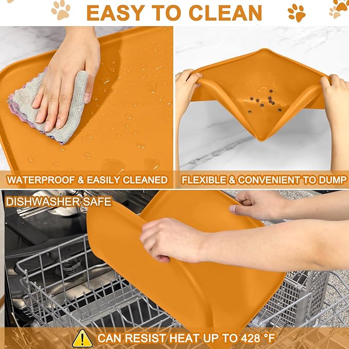 Silicone Pet Food Mat with Raised Edge for Food and Water Bowl, Dog Feeding Mats, Cat Food Trays for Floor Waterproof, Rubber Tray for Dogs and Cats, 24 x 16 x 0.8 Orange