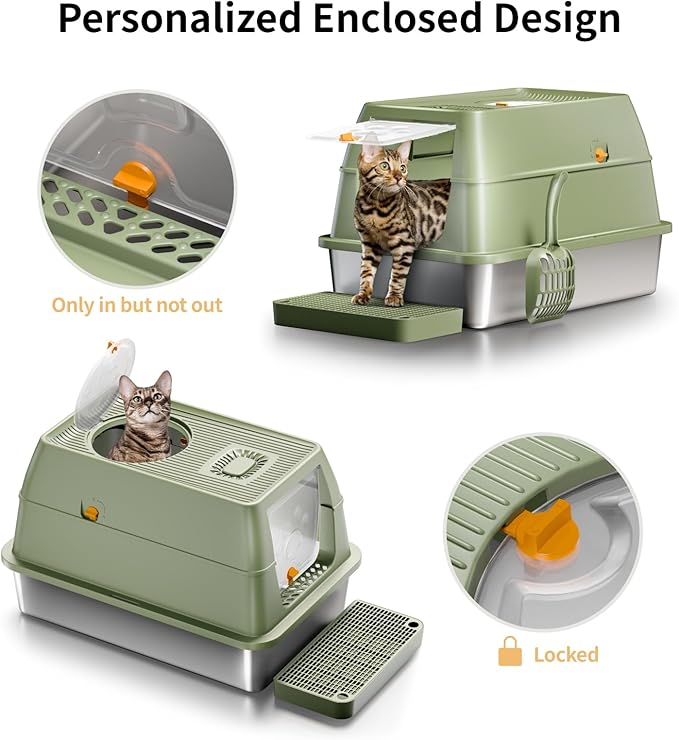 Stainless Steel Cat Litter Box with Lid, XL Large Enclosed High Sided Litter Box with Removable Lid, Carbon Filters -Odor Free, Easy Cleaning, Anti-Urine Leakage for Big Cats -Green