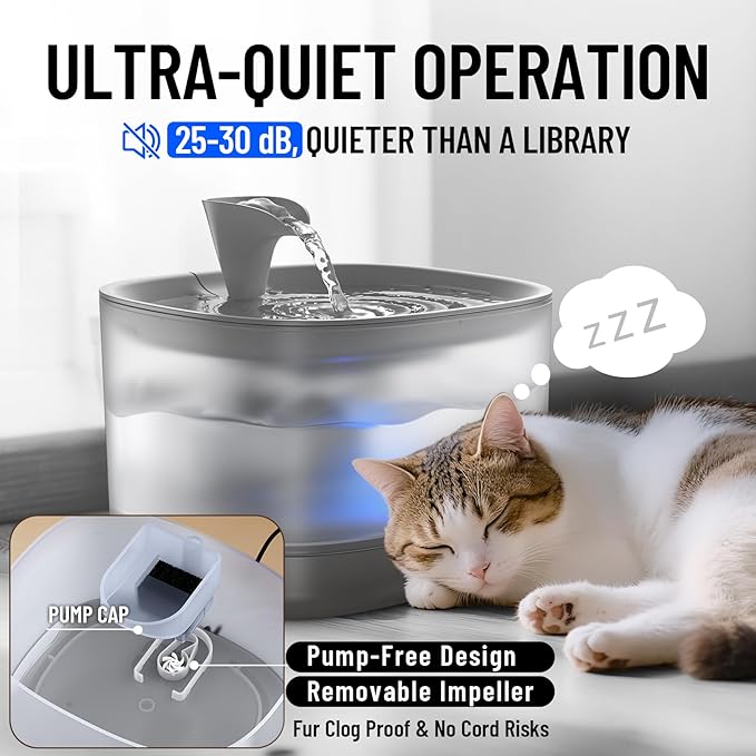 Veken Cat Water Fountain with Detachable Tank, Easy to Clean & Assemble, 84oz/2.5L Pet Drinking Dispenser with Quiet Operation & LED Light, Gifts for Christmas, Cats, Dogs and Small Pets, Grey