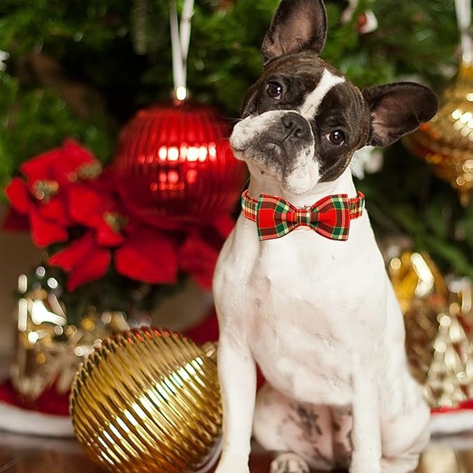 Dog Collar - Christmas Red Plaid Dog Collars Bowtie Gift Soft Bow Collar with Bow Adjustable Metal Buckle Pet Collar for Medium Dogs