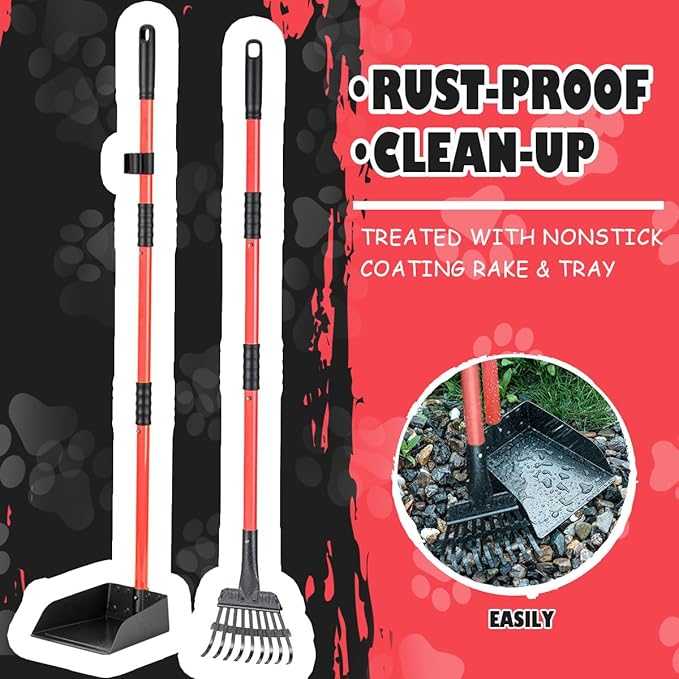 MXF Pooper Scooper, Dog Pooper Scooper Long Handle Stainless Metal Tray and Rake Set for Medium Small Dogs Heavy Duty - Use on Grass, Dirt or Gravel - Red