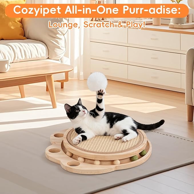 Cat Scratcher Board, 3-in-1 Cat Scratcher & Activity Center with Sisal Scratching Pad, Ball Track & Spring Toy, Interactive Cat Furniture for Indoor Cats