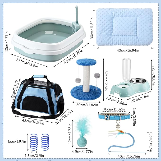 Eccliy Kitten Starter Kit, 10 Pcs Cat Starter Kit for Indoor Cats Kitten Essentials Includes Litter Box, Pet Toy, Folding Carrier, Climbing Frame, Mat, Collar, Automatic Food Bow(Classic,Blue)