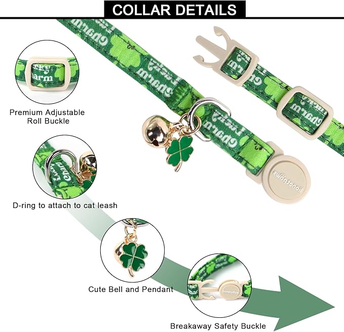 Lionet Paws 2pcs Pack St. Patrick Cotton Cat Collar,Breakaway Buckle with Clover and Bone Stick Cute Adjustable Green Cat Kitten Collar,Ideal for Girl Cats Boy Cats