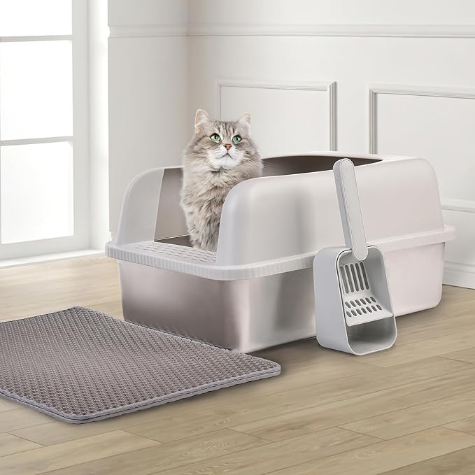 Henkelion 2 Pack Stainless Steel Cat Litter Box with Lid, 24" L x 16" W x 11.8" H, Extra Large Litter Box for Big Cats with High Sided, Anti-Urine Leakage, Easy Cleaning, Include Cat Mat and Scoop