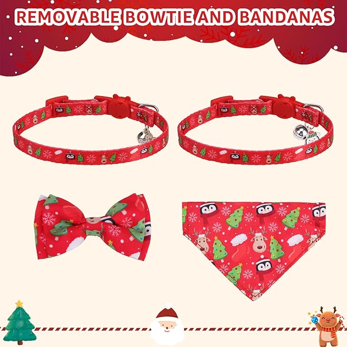 SCENEREAL Christmas Cat Bandana Collar with Bell Bowtie - 2 Pack Breakaway Kitten Collars, Adjustable Cute Pet Accessories for Cats and Small Dogs