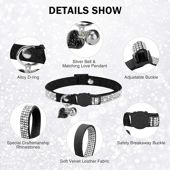 Rhinestone Cat Collar Breakaway with Bell, Diamond Cat Collar with Safety Buckle Quick Release for Girl Boy Small Kitten Pets Puppy,Cute Soft Female Male Cat Collars, Color Black 7-9"