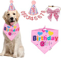 ADOGGYGO Dog Birthday Party Supplies, Pink Girl Puppy Birthday Bandana Hat Numbers Bow Set for Large and Extra Large Dogs (X-Large)