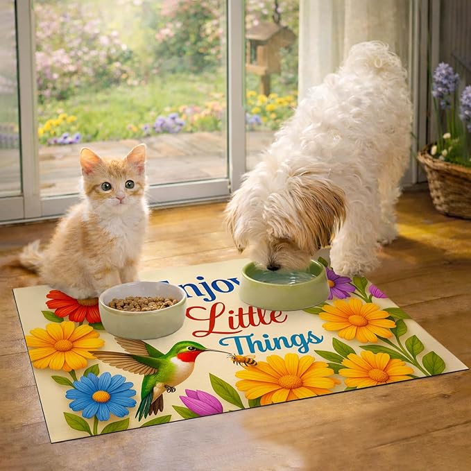 Hummingbird Pet Feeding Mat 24" x 16" Spring Design Non Slip Dog and Cat Bowl Mat Easy Clean Pet Food Mat Absorbable Pet Placemat for Dog and Cat Fast Dry Food Mat for Pet Bowls Cat