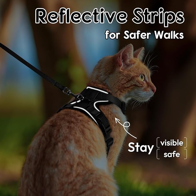 Dooradar Cat Harness and Leash Set, Escape Proof Safe Adjustable Kitten Vest Harnesses for Walking, Easy Control Soft Breathable Mesh Jacket with Reflective Strips for Cats, Black, XXS