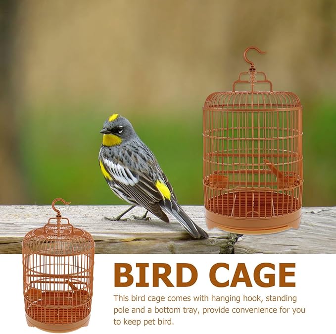 VILLCASE Round Bird Cage for Small Birds, 9.8" X 17.6 “ Plastic Travel Carrier for Parakeets Budgies Finches, Vintage Hanging Style Birdcage Prop with Feeder Cups for Vet Visits & Decor Snap-Fit